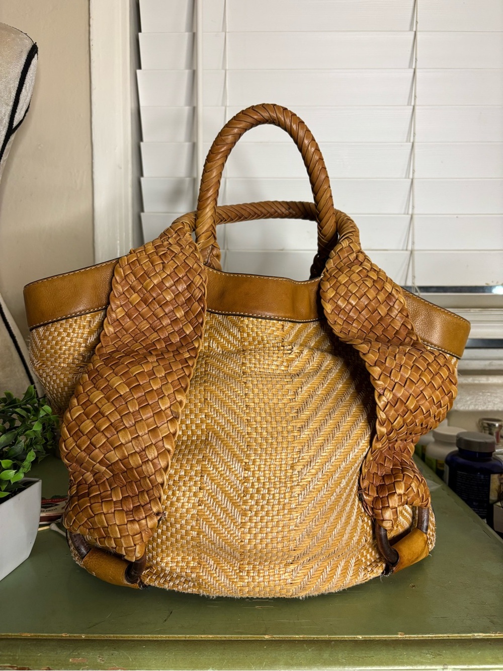 Cole Haan Woven Tan Tote with Braided Handles